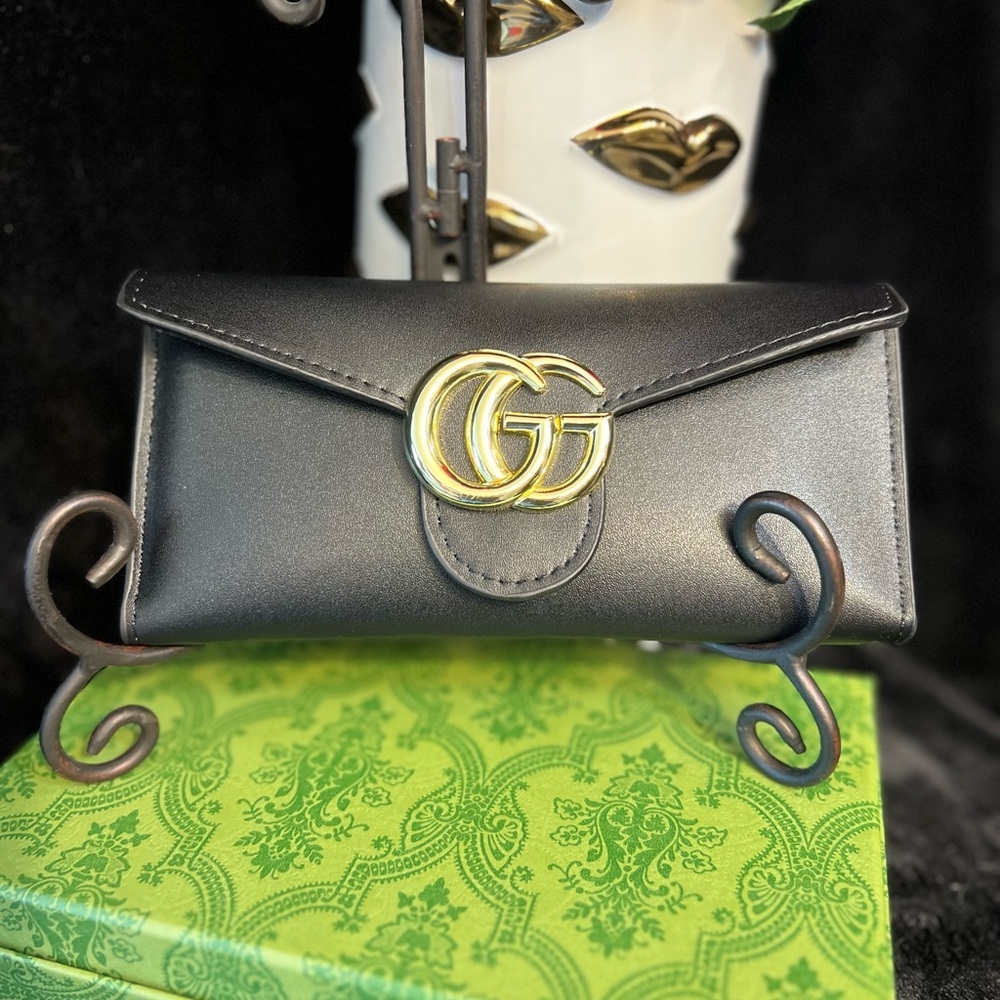 Black Leather Wallet with Gold GG Emblem